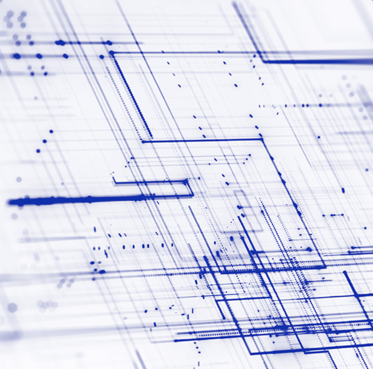 A white and blue graphic image resembling circuitry